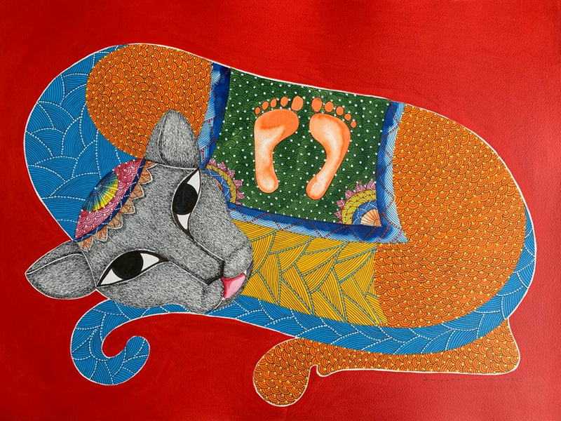 Goddess Durga's Blessings: Tiger Gond Painting by Venkat Shyam