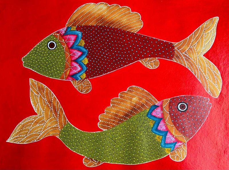 Gliding Grace of Fishes: Gond Painting by Venkat Shyam