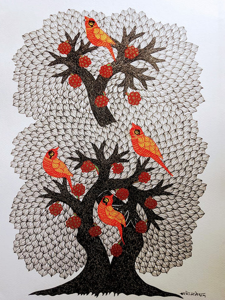 Vibrant Birds in Gond art by Manoj Tekam Thumbnail