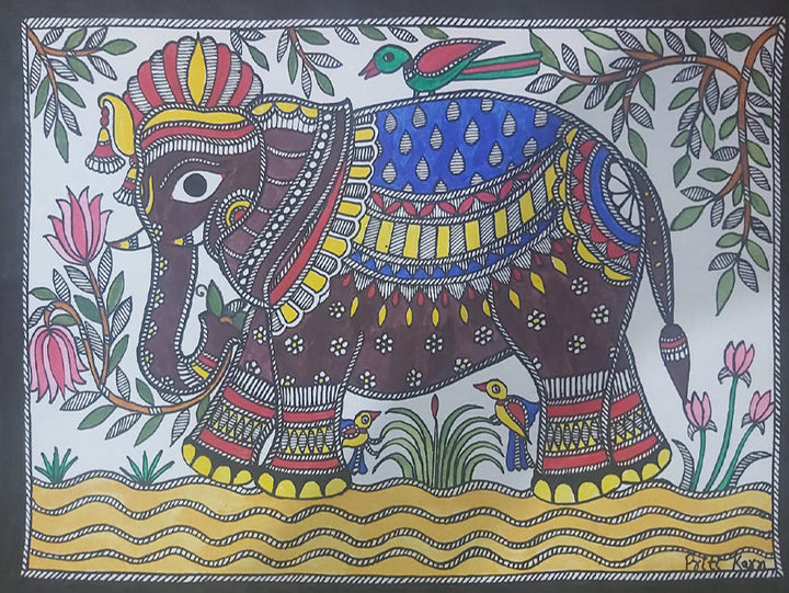 Vibrant Fauna - Majestic Symphony, Madhubani Painting by Priti Karn Thumbnail
