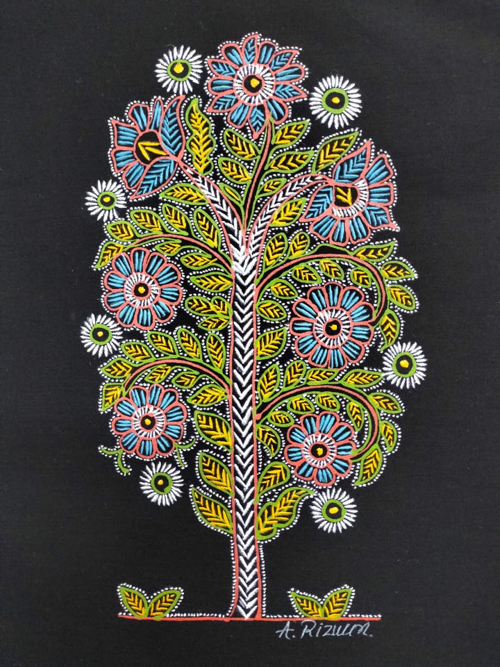 Vibrant Tapestry: Tree in Rogan art  by Rizwan Khatri Thumbnail