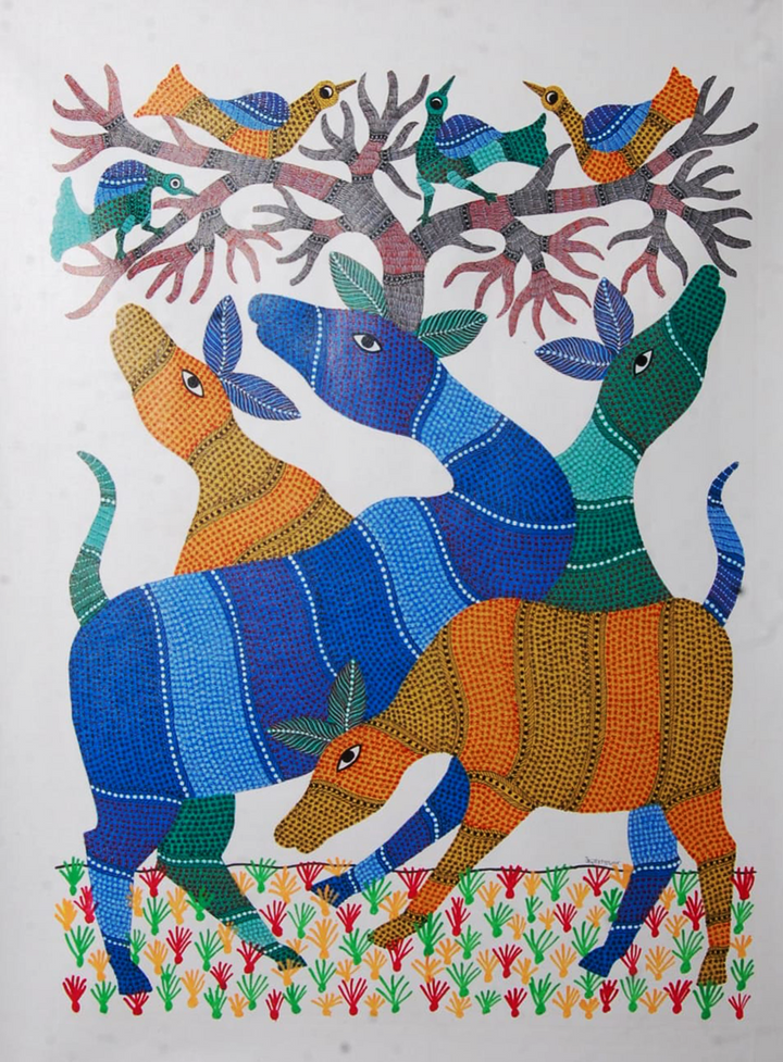 Harmony in Nature: Deer, Tree and Birds in Gond by Kailash Pradhan Thumbnail
