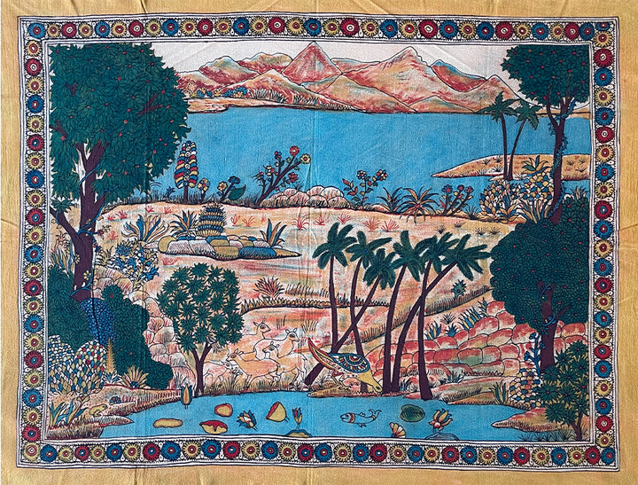 Vibrant scenery of Life : Tranquil Harmony Kalamkari Painting by Siva Reddy Thumbnail