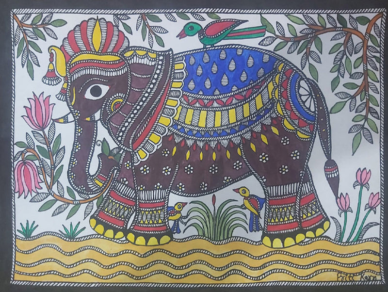 Buy Vibrant Fauna - Majestic Symphony, Madhubani Painting by Priti Karn