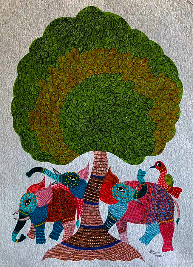 Elephants under a tree in Gond by Kailash Pradhan Thumbnail