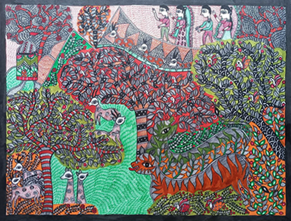 Village Life in Madhubani Painting by Vibhuti Nath Thumbnail