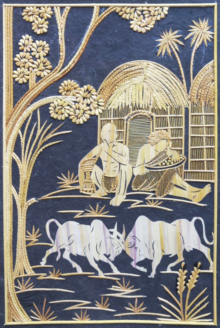 Village Scene in Sikki Grass work by Suraj Kumar Sahu Thumbnail