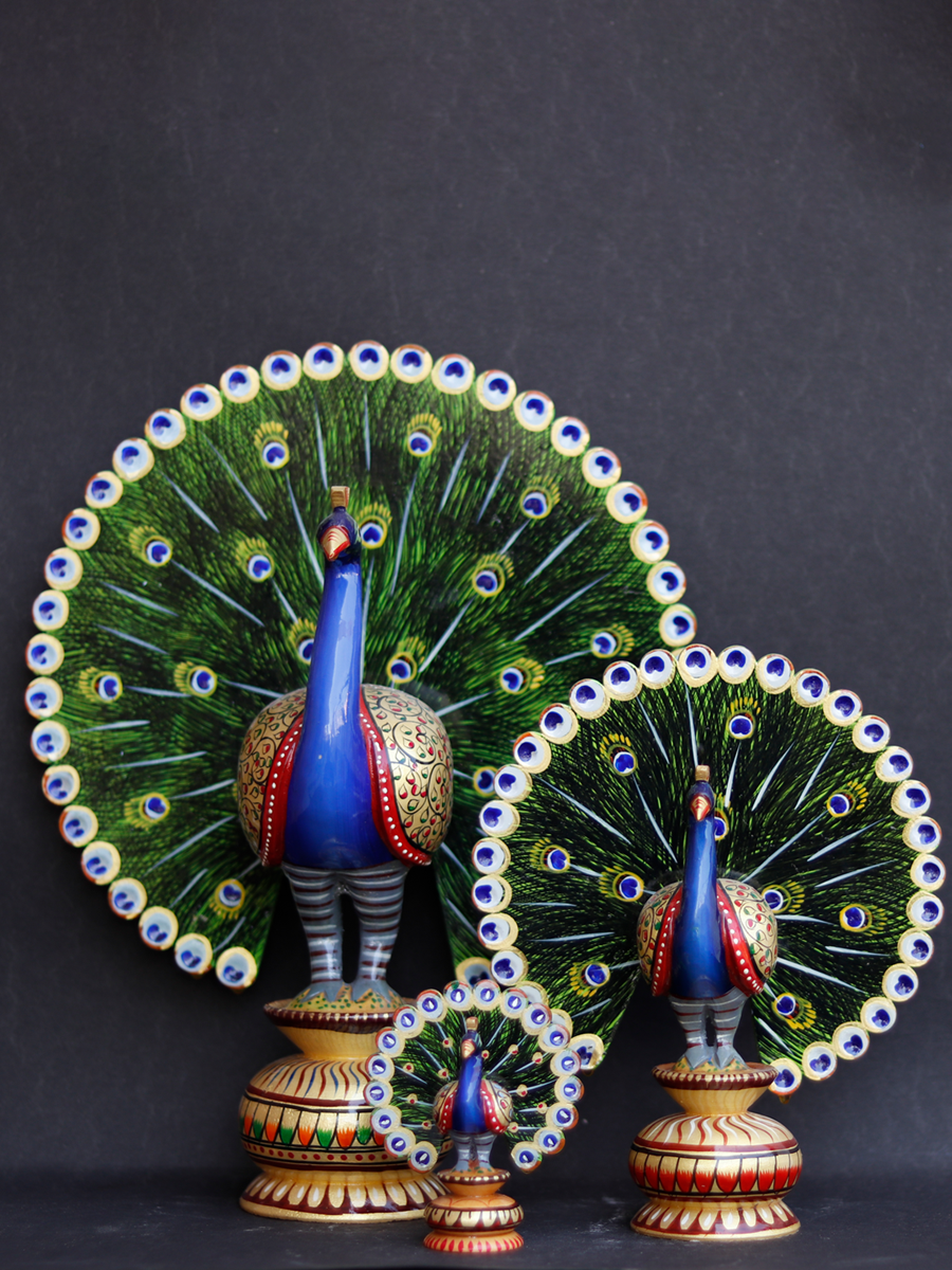 Buy Set of Three Royal Peacocks in Sandalwood Carving by Om Prakash