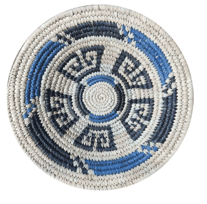 Wall Plate Woven in Geometric Black and White Patterns with Blue Sabai Grass work by Dipali Mura Thumbnail