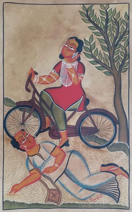 Whimsical Cycling:Kalighat painting by Hasir Chitrakar Thumbnail