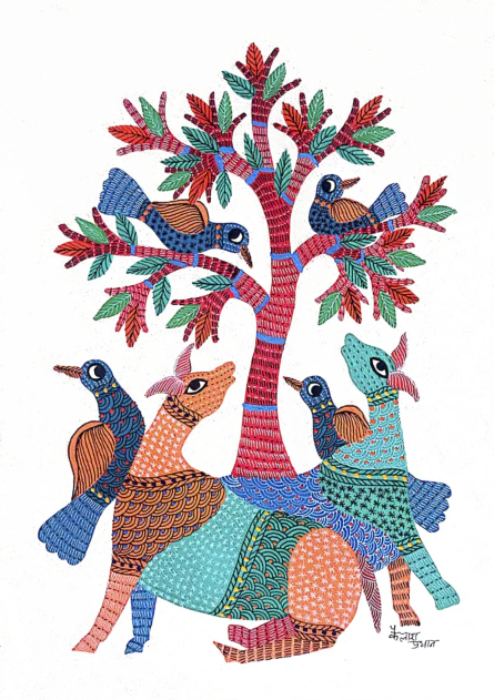 Deer and Birds in Nature: A Gond Painting by Kailash Pradhan Thumbnail