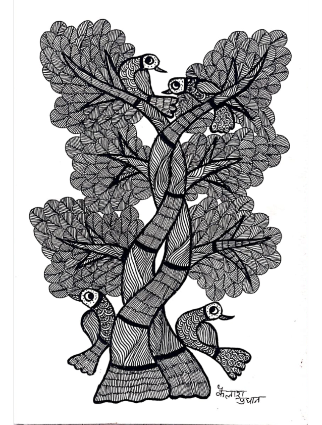 Whispers of Harmony: A Monochromatic Symphony on Canvas Gond Painting by Kailash Pradhan Thumbnail