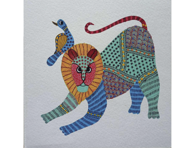 Whispers of Nature: Lion and a Bird in Gond art by Kailash Pradhan Thumbnail