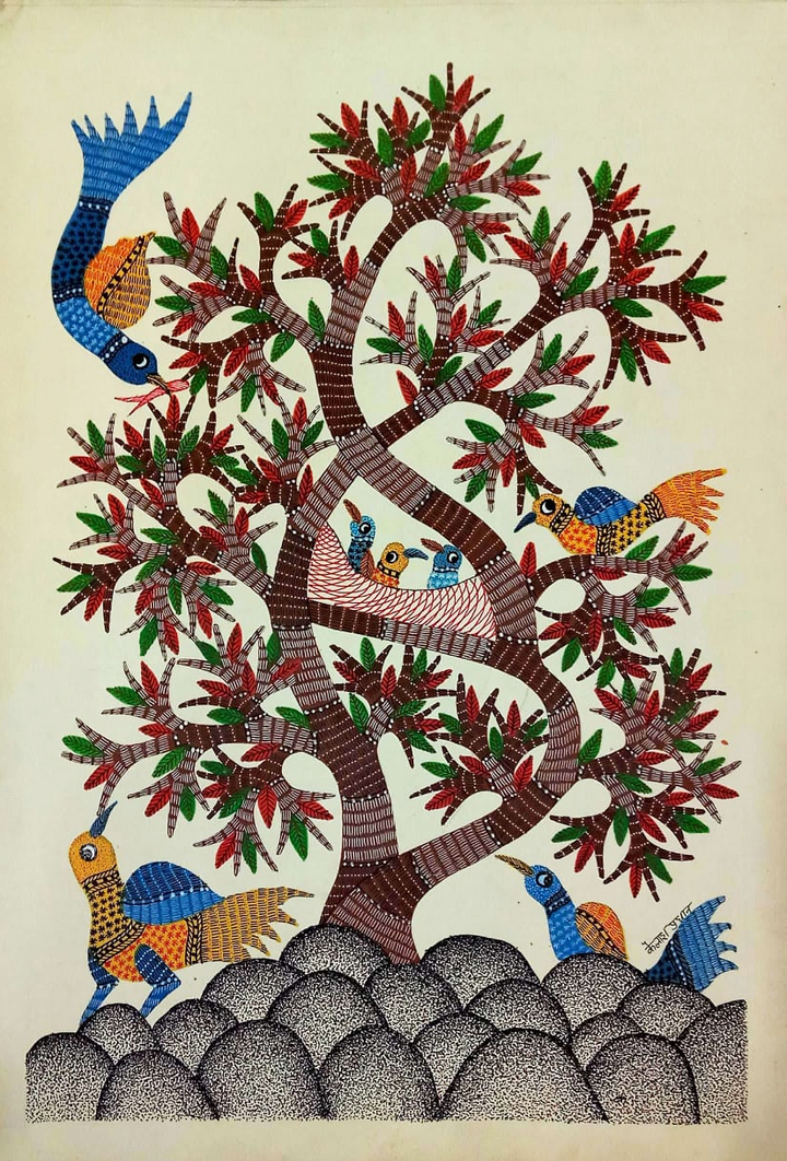 Nesting in Nature: Birds and Trees in Gond by Kailash Pradhan Thumbnail