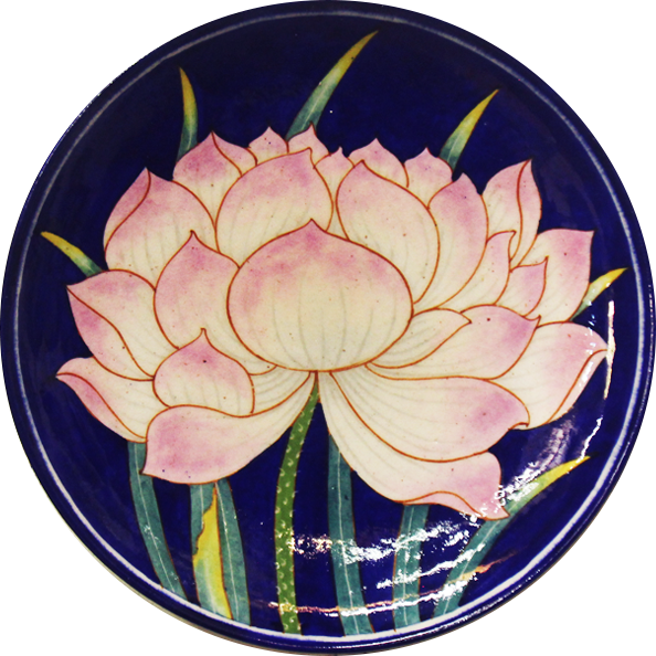 White Pink Lotus In Blue Pottery Plate by Gopal Saini Thumbnail