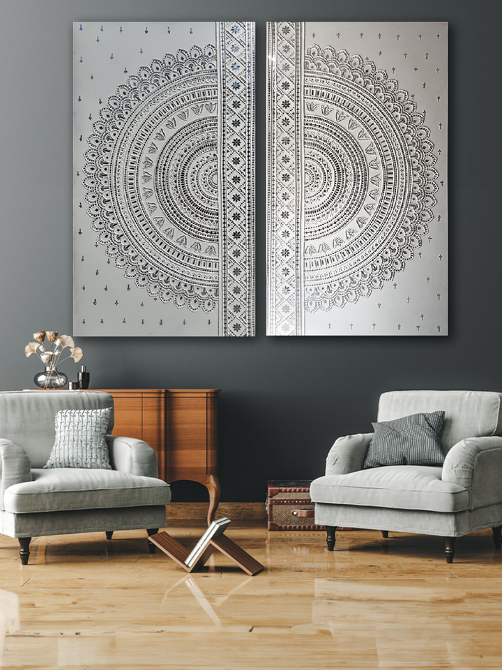 White and Beige Wall Panels in Lippan Kaam By Nalemitha by  For Home Decor, Gifting Thumbnail