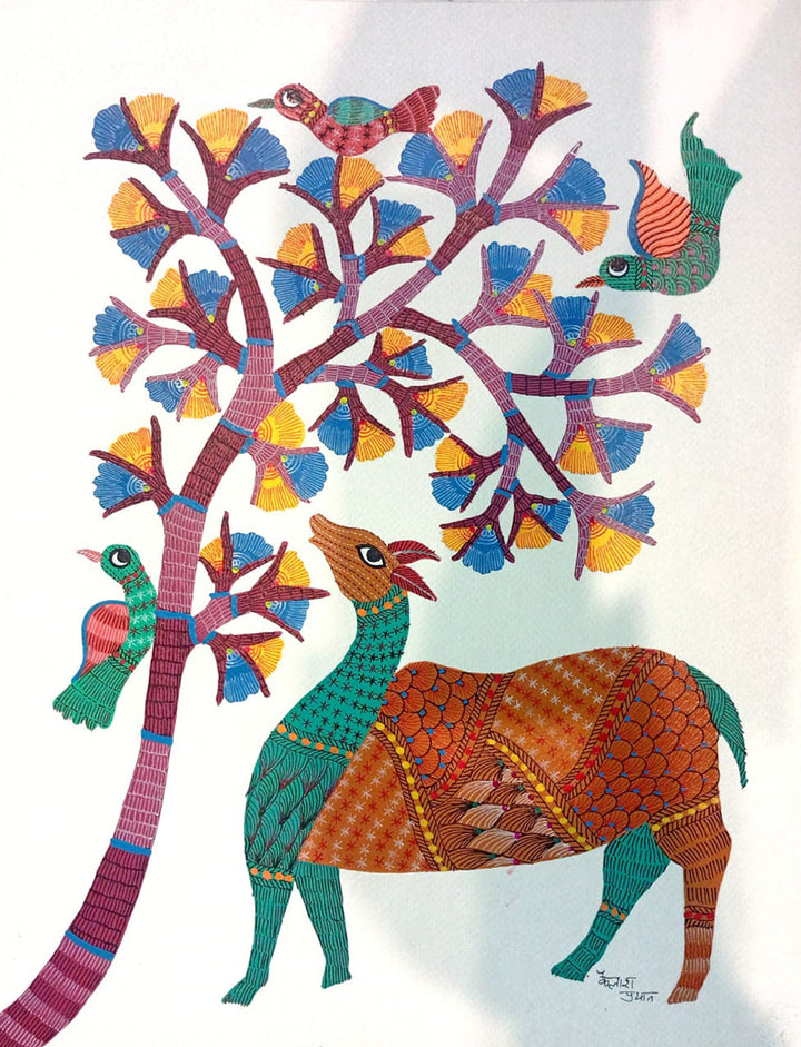 Deer and Birds in the Wild in Gond by Kailash Pradhan Thumbnail