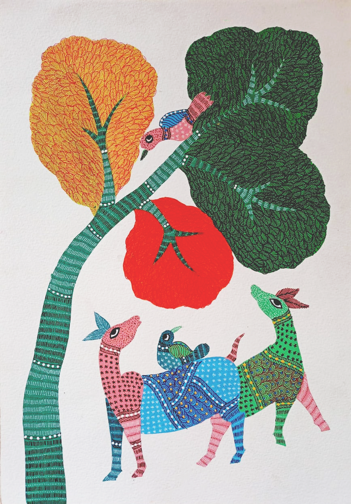 Wildlife Tapestry: Tree, Deer and birds in Gond by Kailash Pradhan Thumbnail