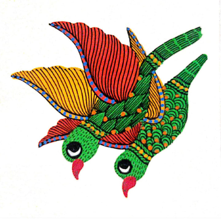 Wings Unfurled: Pair of Parrots in Gond by Kailash Pradhan Thumbnail