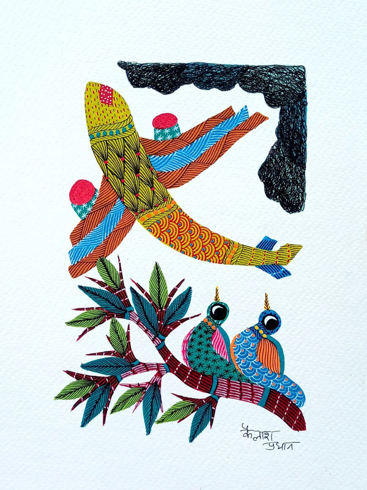 Aeroplane and Birds: Wings and Wonders of the World in Gond art by Kailash Pradhan Thumbnail