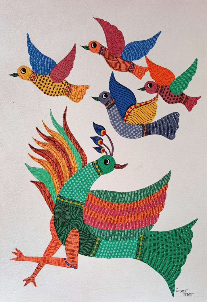 Wings of Wonder: Peacock and birds in Gond by Kailash Pradhan Thumbnail
