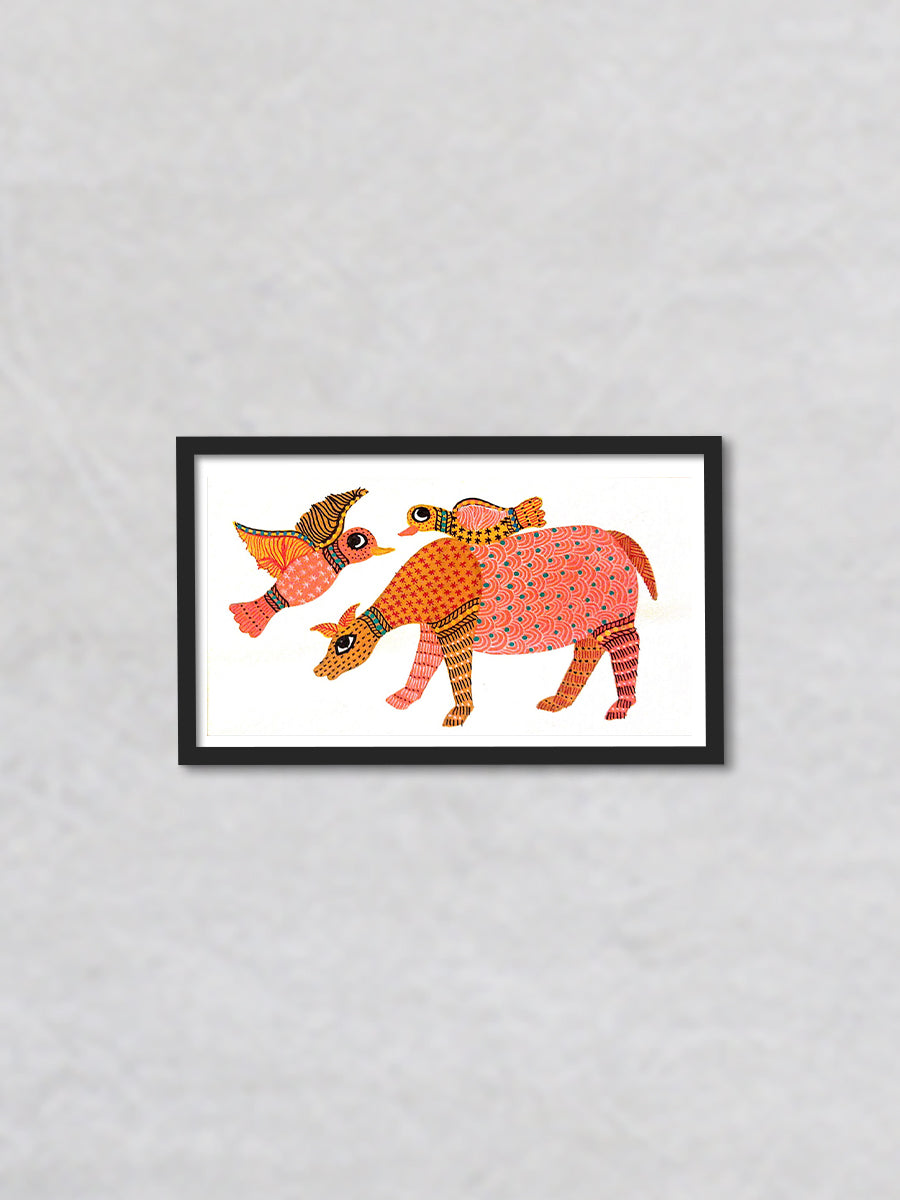 Wings of Camaraderie Birds Perched on Graceful Deer Gond Painting by Kailash Pradhan
