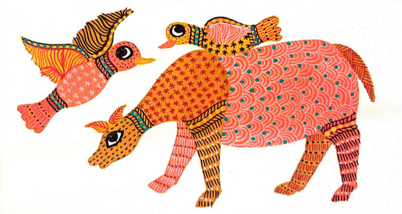 Buy Wings of Camaraderie Birds Perched on Graceful Deer Gond Painting by Kailash Pradhan