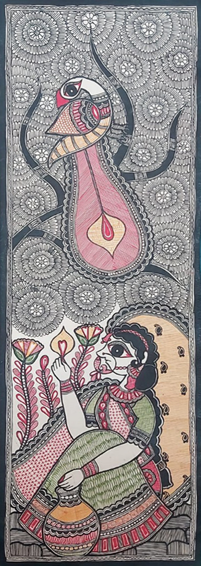 Woman and Peacock in Madhubani by Priti Karn Thumbnail