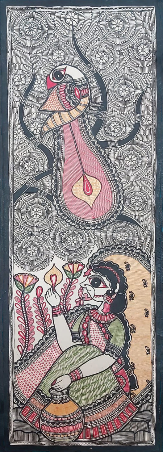 Woman and the Peacock in Madhubani by Priti Karn Thumbnail