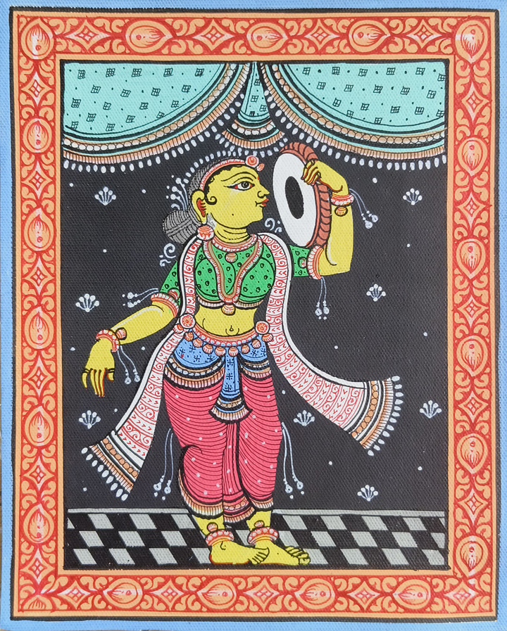 Woman Playing Drum - Pattachitra Painting by Apindra Swain for Home Decor Thumbnail