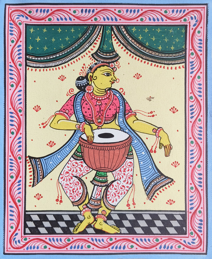 The Musical Beats: Woman playing the Drum in Pattachitra by Apindra Swain Thumbnail