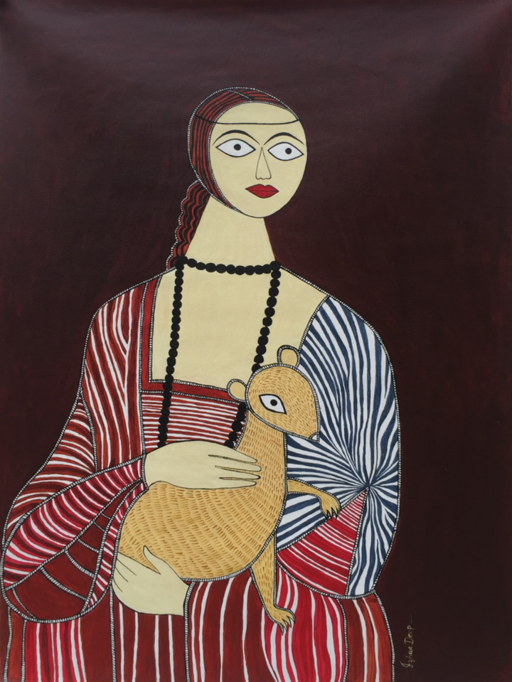 Women with mongoose In Madhubani by Izhar Ansari Thumbnail
