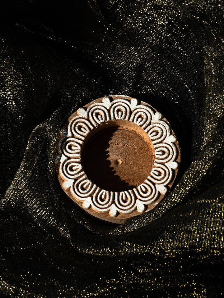 Wooden Block Diya Set with floral patterns by Vikas Singh Thumbnail