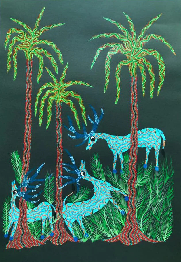 Woodland Deers Bhil Painting by Geeta Bariya Thumbnail