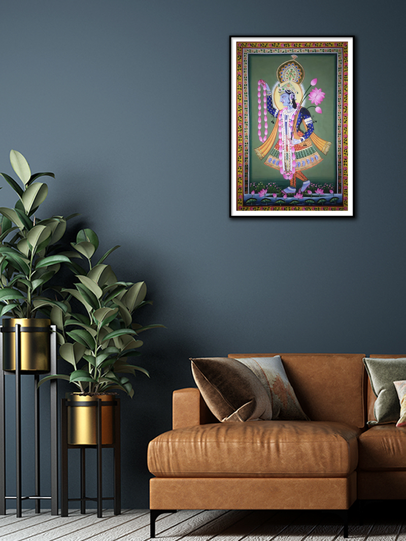 Yamuna's Divine Play: Pichwai Painting  for sale