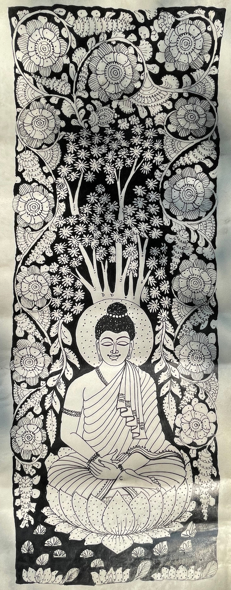 A serene black and white painting of a Buddha meditating under a Bodhi tree, symbolizing peace and tranquility.