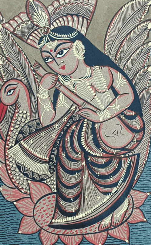 Maa Saraswati with a Swan in Bengal Pattachitra by Manoranjan Chitrakar Thumbnail