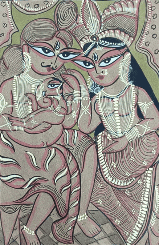 Shiva and Parvati with Ganesha (Shivpariwaar) in Bengal Pattachitra by Manoranjan Chitrakar Thumbnail