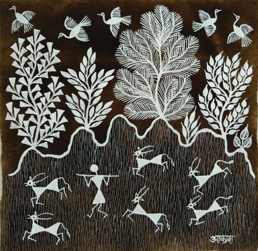 A Cattle Herder and His Cows in Warli by Dilip Bahotha Thumbnail