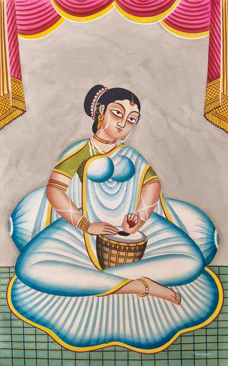 A Female Musician (Dholak Player) in Kalighat by Anwar Chitrakar Thumbnail