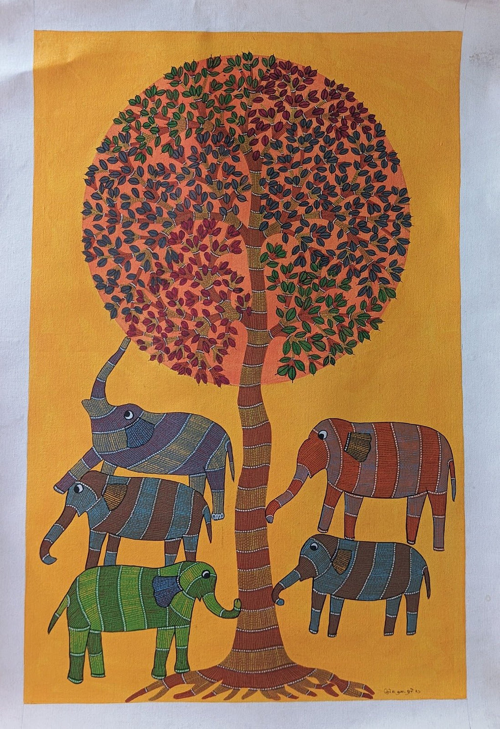 A Herd of Elephants under a Tree in Gond by Suresh Kumar Dhruve Thumbnail