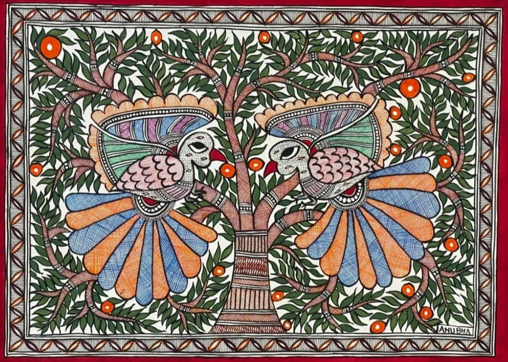 A Pair of Peacocks in Madhubani by Abdhesh Kumar Karn Thumbnail
