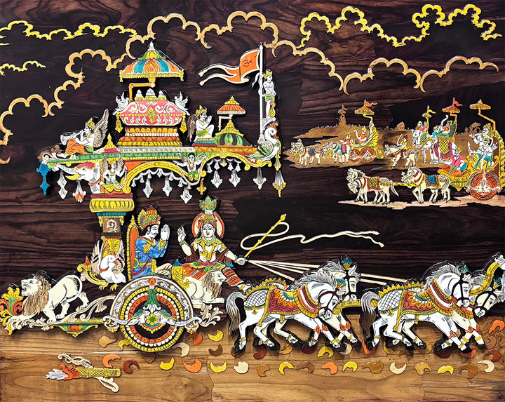 Arjuna's Charioteer in Wood Inlay 3D panel by Mohan Kumar Thumbnail