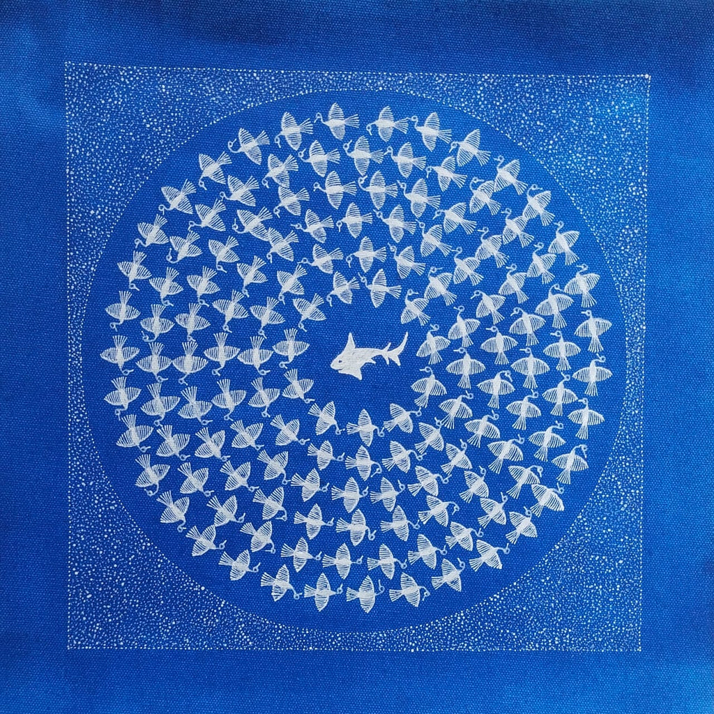 At the Heart of the blue: Wings and Fins in Warli painting by Dilip Bahotha Thumbnail