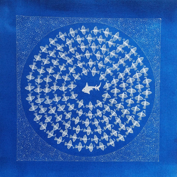 At the Heart of the blue: Wings and Fins in Warli painting by Dilip Bahotha Thumbnail