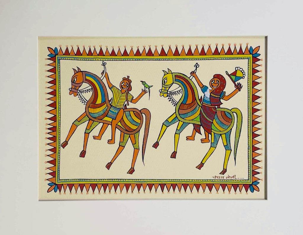 Baba Pithora and Pithora Rani Riding Horses in Pithora Art by Chanchal Soni Thumbnail