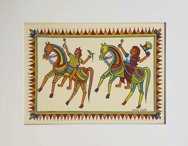 Baba Pithora and Pithora Rani Riding Horses in Pithora Art by Chanchal Soni Thumbnail