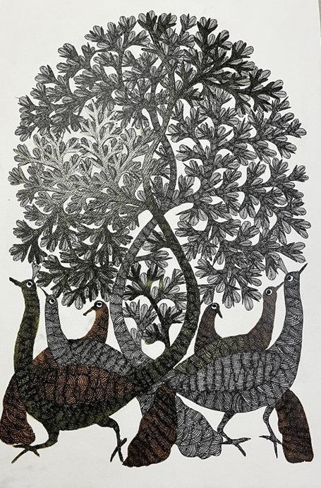 Blossoms and Peacocks in Gond by Gareeba Singh Tekam Thumbnail