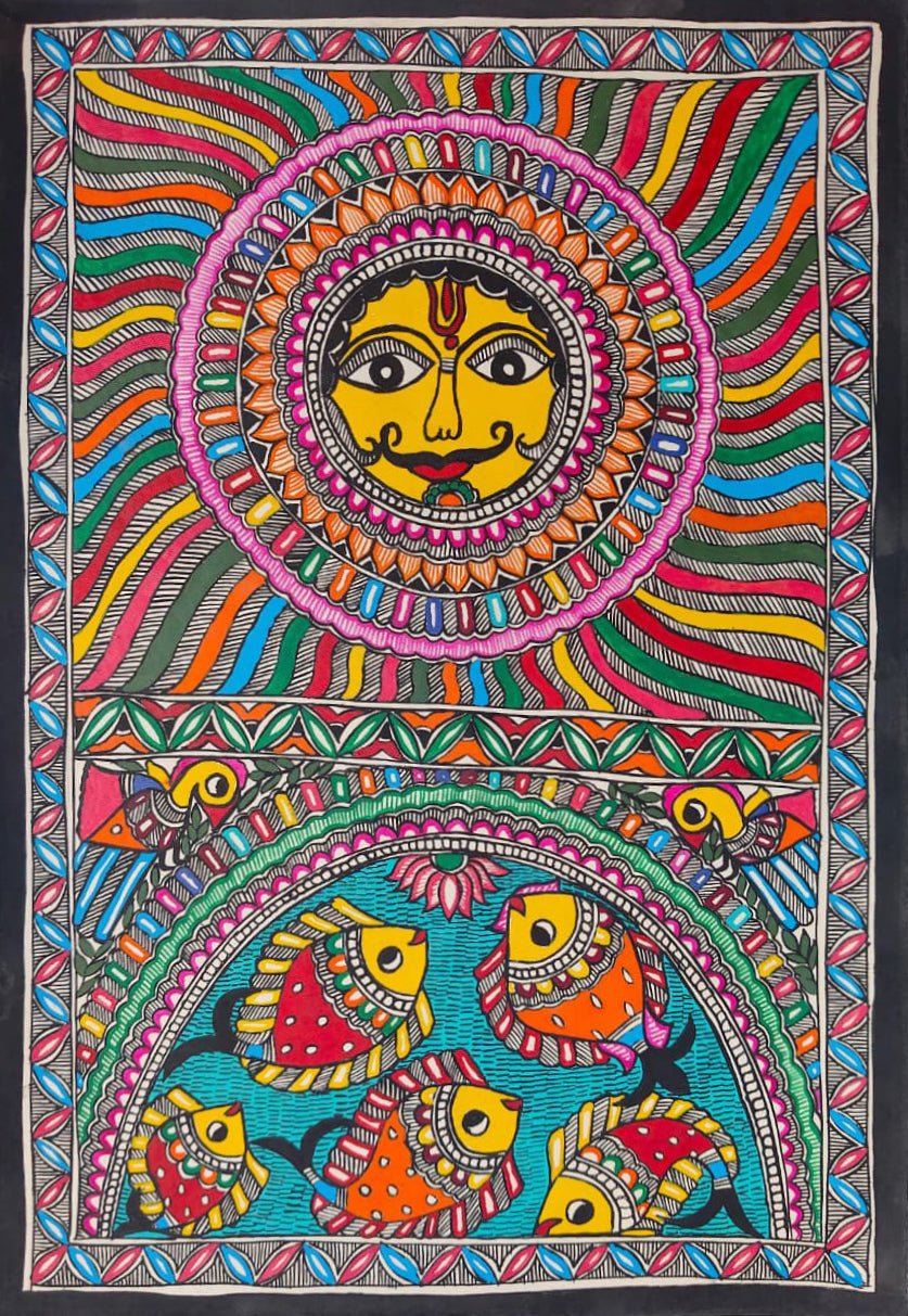 Celestial Harmony: Sky and Water in Madhubani by Ambika Devi Thumbnail