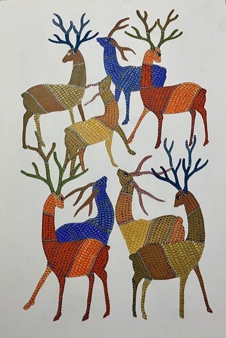 Colorful Antlers in Gond by Gareeba Singh Tekam Thumbnail
